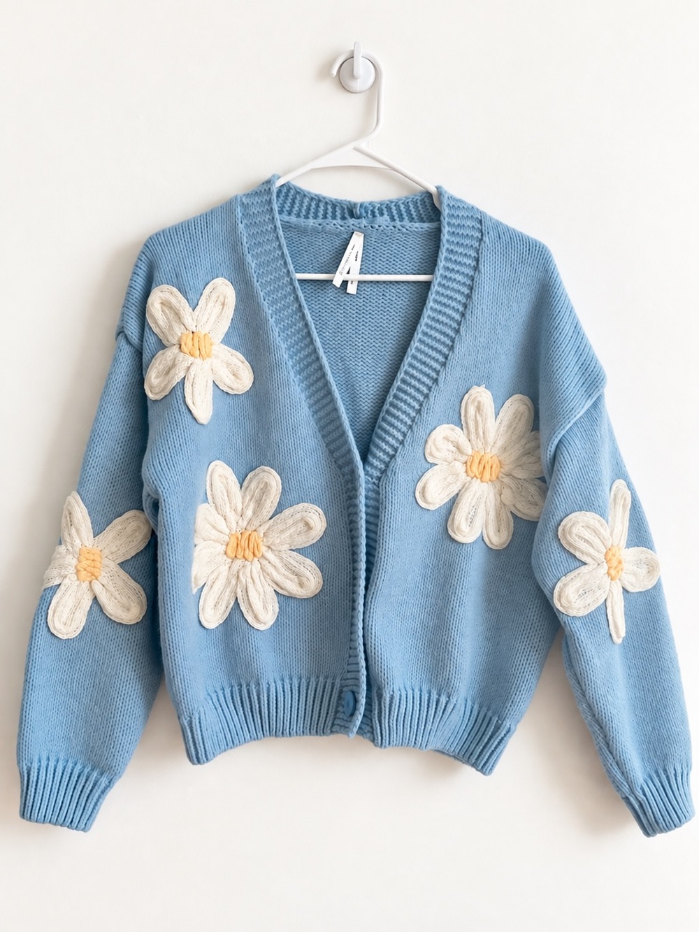 Dreamers by Debut Light Blue Daisy Appliqué V-Neck Cardigan